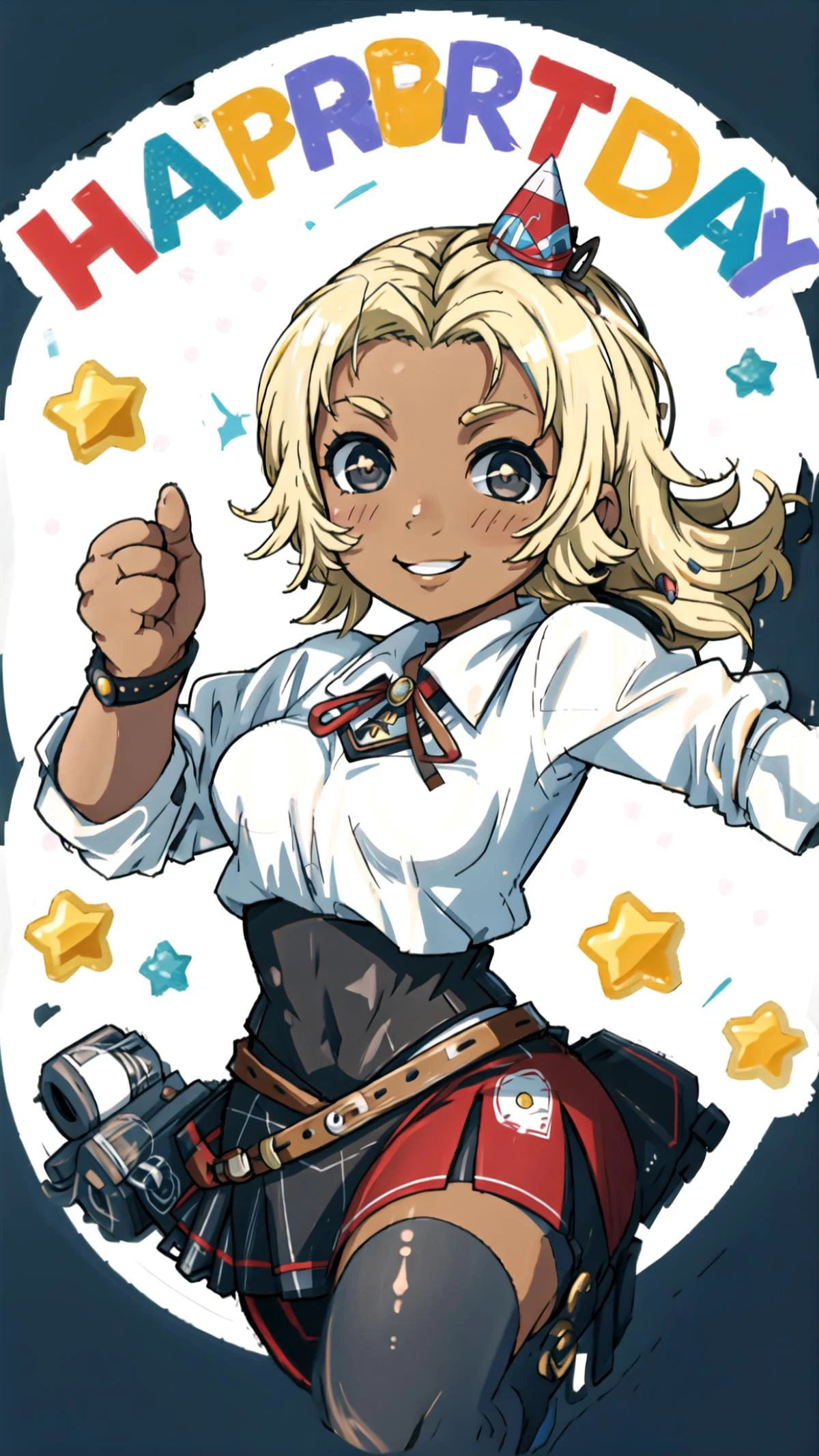 <lora:happy birthday:0.8> <lora:CathFE16:0.8> CathFE16, Catherine, blonde hair, dark skin, smile, BREAK,
party hat, party popper, happy birthday, <lora:AprobMeme:0.3> IncrsAprobMeme, chibi, thumbs up, BREAK,
looking at viewer, dynamic pose, masterpiece, best quality, hyperrealistic, extremely detailed, highly quality, 4k, sharp focus, professional photograph, sharp focus, award winning, cinematic lighting, octane render, unreal engine, volumetrics dtx, Wallpaper,