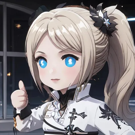 Highly detailed, High Quality, Masterpiece, beautiful, IncrsAprobMeme, <lora:AprobMeme:0.8>, chibi, thumbs up, yorcom, blonde hair, hair ornament, ponytail, side ponytail, bangs, <lora:Char_Nier_YorHaCommander:0.8>