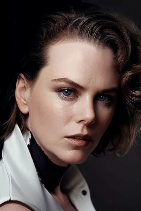 portrait of skswoman, grey background, (tilted angle shot:1.0), (tilted head pose:1.0), slick hair,
<lora:Nicole Kidman:1>