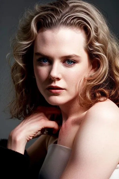 portrait of young skswoman, grey background, ( slick hair:1.1),
<lora:Nicole Kidman:1>