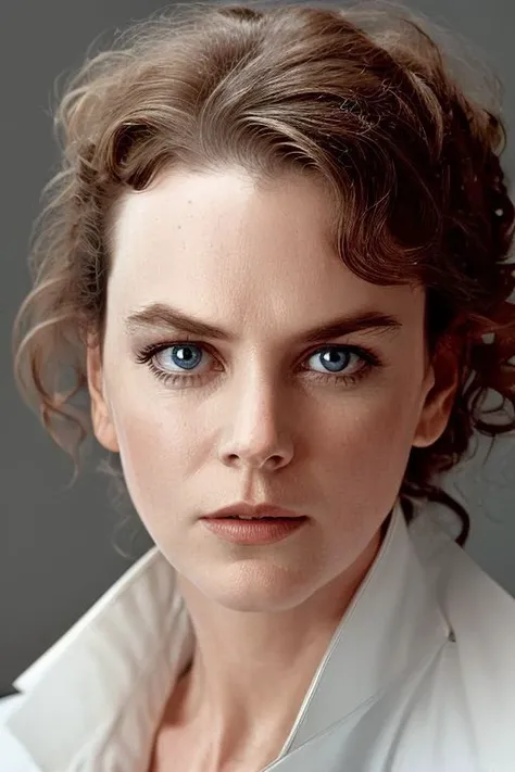 portrait of skswoman, grey background, (tilted angle shot:1.0), (tilted head pose:1.0),
<lora:Nicole Kidman:1>