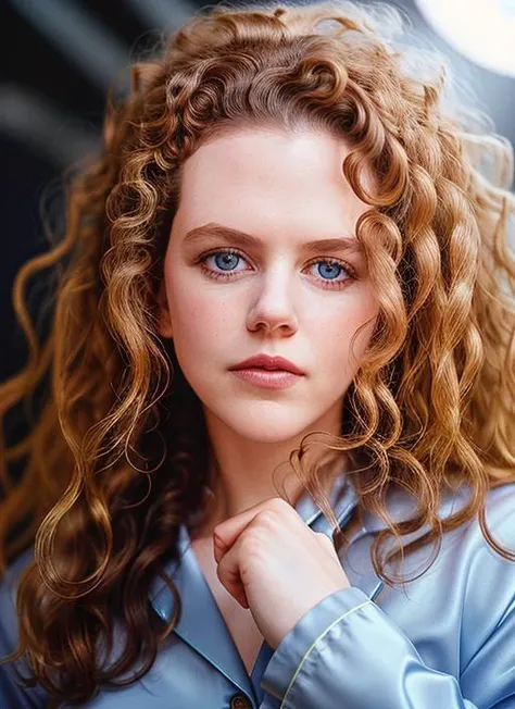 portrait of skswoman, proud , wearing pajamas , with Curly hair , background spring epic (photo, studio lighting, hard light, sony a7, 50 mm, matte skin, pores, colors, hyperdetailed, hyperrealistic), <lyco:Nicole Kidman:1.2>