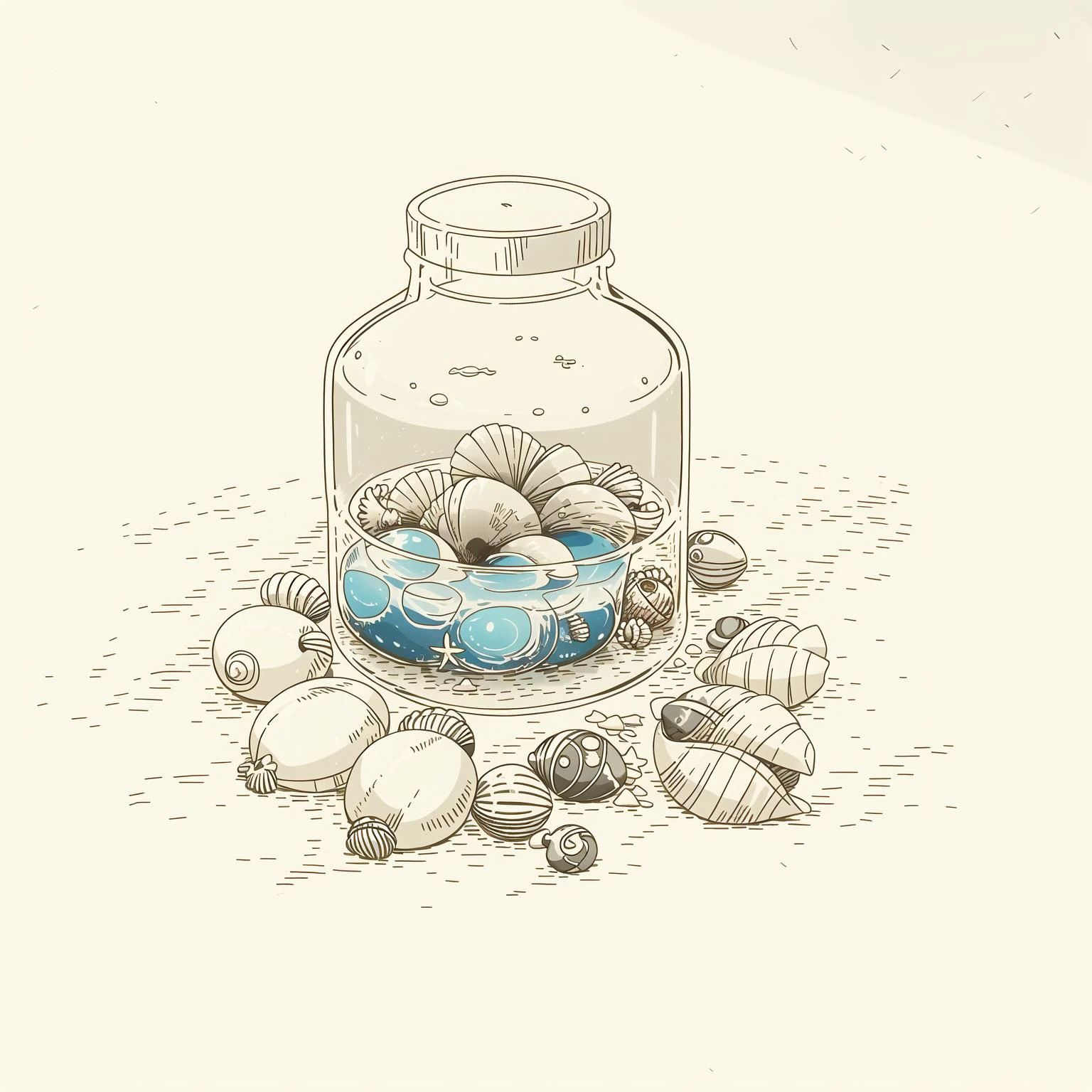 (masterpiece, best quality:1.2), (sketch:1.1), paper, no humans, a glass jar filled with seashells, ocean-inspired, beach decor