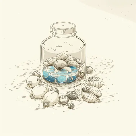 (masterpiece, best quality:1.2), (sketch:1.1), paper, no humans, a glass jar filled with seashells, ocean-inspired, beach decor