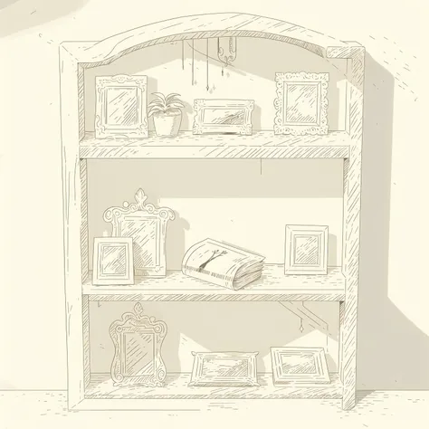 (masterpiece, best quality:1.2), (sketch:1.1), paper, no humans, indoors, shelf, books, plants, decorations, knickknacks, frames, figurines