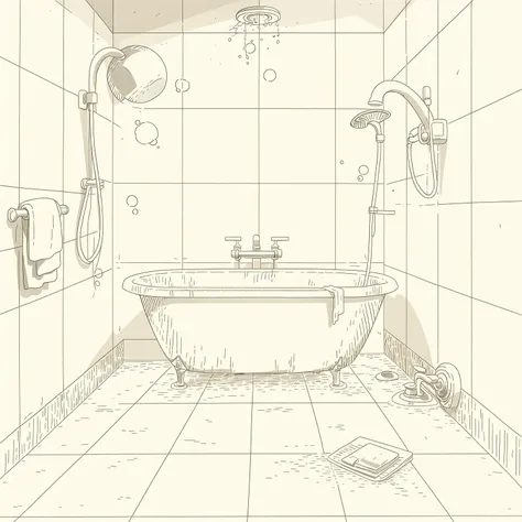 (masterpiece, best quality:1.2), (sketch:1.1), paper, no humans, indoors, bathroom, water, bathtub, tile, soap, water, bubbles
