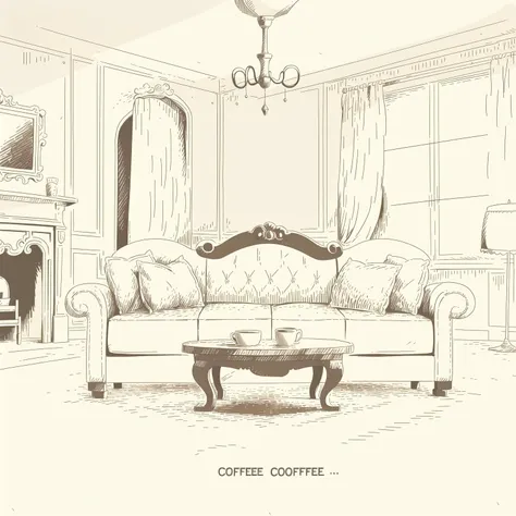 (masterpiece, best quality:1.2), (sketch:1.1), paper, no humans, indoors, living room, couch, armchair, coffee table, rug, lamp, curtains, english text, label, title
