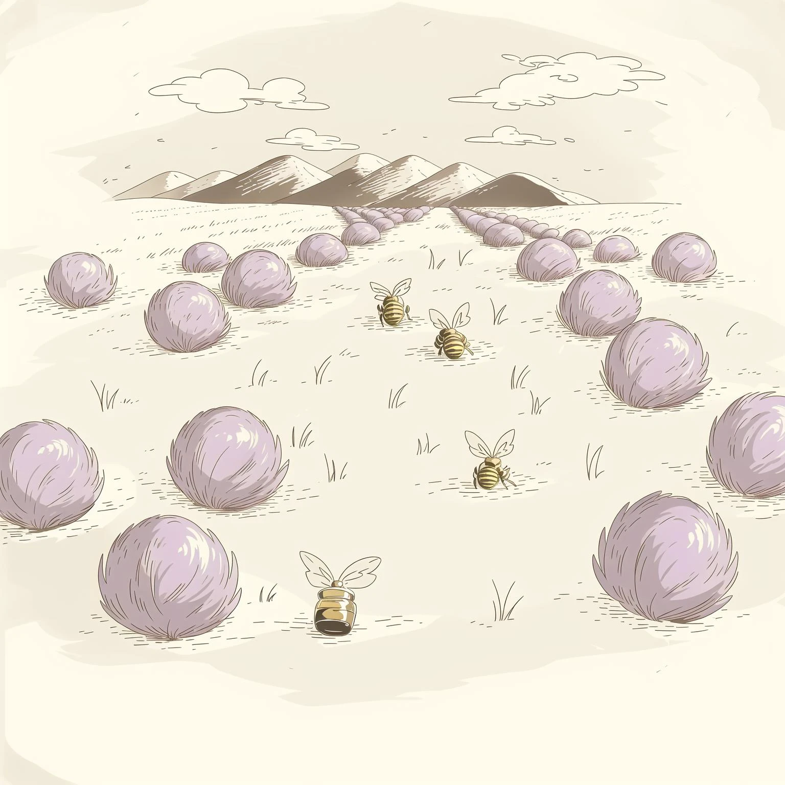 (masterpiece, best quality:1.2), (sketch:1.1), paper, no humans, outdoors, lavender field, flowers, purple, bees, fragrance, gentle breeze, buzzing bees, sweet scent, lavender buds, sprawling fields, distant hills, greenery