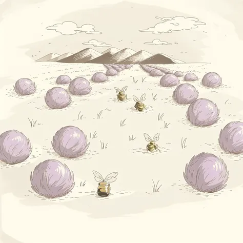 (masterpiece, best quality:1.2), (sketch:1.1), paper, no humans, outdoors, lavender field, flowers, purple, bees, fragrance, gentle breeze, buzzing bees, sweet scent, lavender buds, sprawling fields, distant hills, greenery