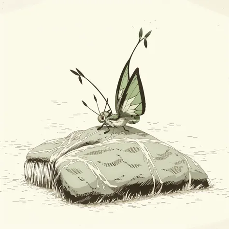 (masterpiece, best quality:1.2), (sketch:1.1), paper, no humans, A bug, moss moth, green and brown mottled wings, on a moss-covered rock, in a forest, overcast, filiform antennae, fuzzy body, camouflaged, cryptic, wing scales, small, macro shot