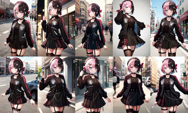 masterpiece, best quality, highres, bbhinano, short hair, (multicolored hair:1.2) beret, plaid headwear, hat bow, hair ornament, hairclip, necklace, black choker, black shirt, black jacket, open jacket, belt, black skirt, plaid skirt, asymmetrical legwear, fishnet thighhighs, garter straps, <lora:tachibana_hinano_v1:0.8>, cowboy shot, standing, street
