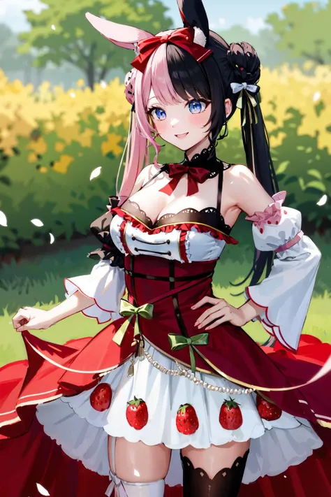 masterpiece, best quality, highres, cchinano, long hair, (multicolored hair:1.2), double bun, twintails, animal ears, strawberry hair ornament, white bow, red bow, hair bow, detached collar, red bowtie, cleavage, dress, bare shoulders, thighhighs, asymmetrical legwear, <lora:tachibana_hinano_v1:0.8>, hand on hip, smile, flower, garden, petals, standing, cowboy shot,