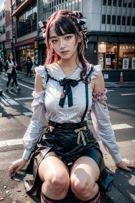 (realistic:1.3), finely detailed, quality, rembrandt lighting, (masterpiece:1.2), (photorealistic:1.2), (best quality), (detailed skin:1.3), (intricate details), dramatic, ray tracing, 1girl, 21 years old, detailed skin texture, (blush:0.5), (goosebumps:0.5), subsurface scattering, smiling, happy, looking at viewer, medium breasts, aahinano, long hair, (multicolored hair:1.2), hair ribbons, collarbone, chest black bow, brooch, white shirt,wide collar shirt, suspender skirt, frilled skirt, pink bow, shoes, full body, (bright sunny day, tokyo skytree in background, street), <lora:tachibana_hinano_v1:0.8>