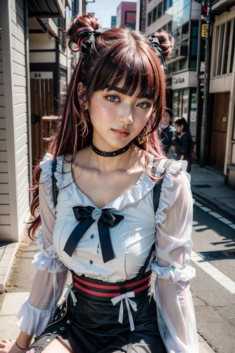 (realistic:1.3), finely detailed, quality, rembrandt lighting, (masterpiece:1.2), (photorealistic:1.2), (best quality), (detailed skin:1.3), (intricate details), dramatic, ray tracing, 1girl, 21 years old, detailed skin texture, (blush:0.5), (goosebumps:0.5), subsurface scattering, smiling, happy, looking at viewer, medium breasts, aahinano, long hair, (multicolored hair:1.2), hair ribbons, collarbone, chest black bow, brooch, white shirt,wide collar shirt, suspender skirt, frilled skirt, pink bow, shoes, full body, (bright sunny day, tokyo skytree in background, street), <lora:tachibana_hinano_v1:0.8>