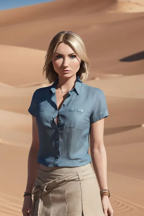 photo of S090_EmmaSirus, a stylish woman, in the Sahara, wearing a (linen-shirt:1.15) and a (short-skirt:1.1), (sunny weather:1.2), (8k, RAW photo, best quality, DOF, ultra high res:1.2), (absurdres, intricate, photorealistic, masterpiece, ultra-detailed, Unreal Engine:1.3)