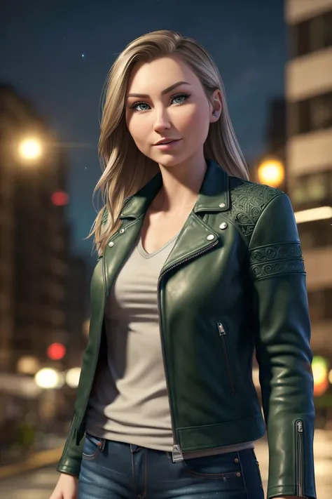 photo of S090_EmmaSirus, an attractive woman, in a (city), wearing a (green-leather-jacket:1.15), jeans, (night:1.1), smiling, (8k, RAW photo, best quality, DOF, ultra high res:1.2), (absurdres, intricate, photorealistic, masterpiece, ultra-detailed, Unreal Engine:1.3)