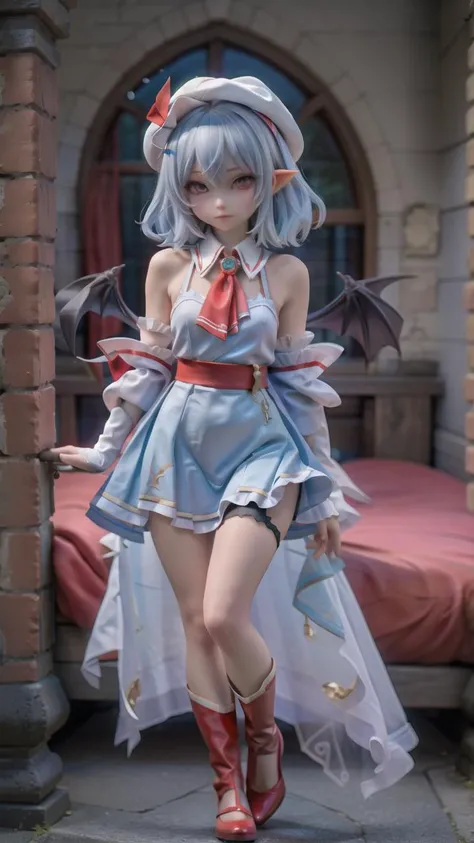remilia scarlet,mob cap,blue hair,medium hair,fluffy hair,pointy ears,red eyes,collared dress,red ascot,red sash,elbow gloves,black pantyhose,red footwear,bat wings,<lora:ç䏿_西æ½å°éé¾V1:0.6>,