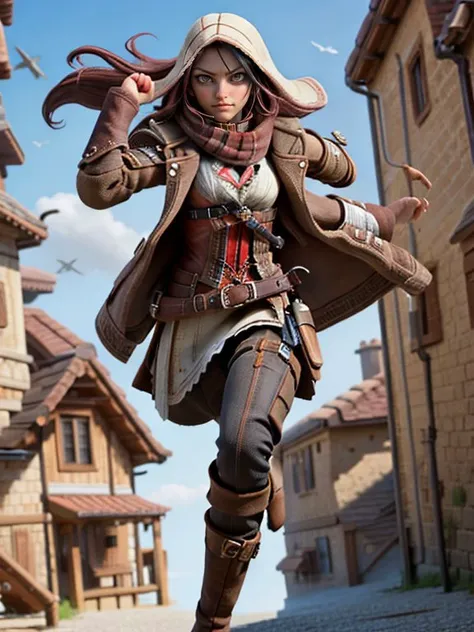 portrait,  looking down, solo, half shot, detailed background, <lyco:SteamPunkBundleV3:0.4>, steampunkai, steampunk theme, determined expression, assassins creed, hired assassin,  white elaborate  assassin clothes,    small knives,   dynamic pose, running, coast in background, floating particles,  wind,