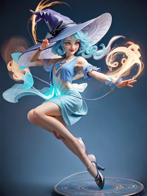 portrait, looking down, solo, (full body:0.6), detailed background, ( 1920s art deco theme:1.1), light smile, witch hat, witch, magical atmosphere, hair flowing in the wind, blue trimmed light colored clothes, dynamic pose, swirling flames in the air, dark magic, (style-swirlmagic:0.8), floating particles, clouded background,