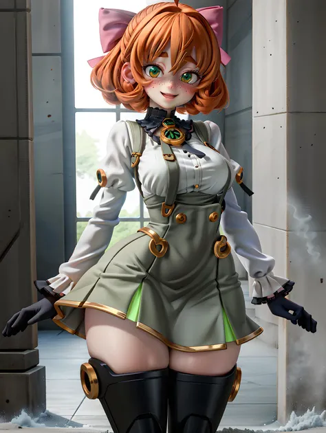 <lora:PennyPolendinaV2-1024:0.8>, (hourglass figure, thin waist, thick thighs, mechanical legs:1.2), Penny Polendina, curly hair, freckles, short hair, pink bow, gorget, black thighhighs, neon trim, gold trim, short dress, grey dress, underbust, pencil skirt, white blouse, happy