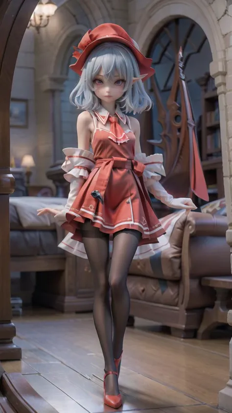 remilia scarlet,mob cap,blue hair,medium hair,fluffy hair,pointy ears,red eyes,collared dress,red ascot,red sash,elbow gloves,black pantyhose,red footwear,bat wings,<lora:ç䏿_西æ½å°éé¾V1:0.6>,
