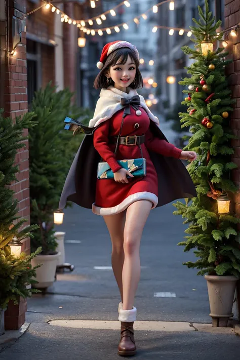 Mercenaries woman in Christmas cape, walking in futuristic city with Christmas lights, Soft lighting, night, mistletoe paraphernalia, cheerful, super active, ((Nikon Coolpix P1000 lens at ISO 100 1/8000)), ((12K)) , ((HDR++)), ((perfect shadows))