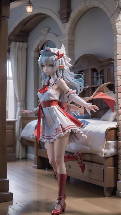 remilia scarlet,mob cap,blue hair,medium hair,fluffy hair,pointy ears,red eyes,collared dress,red ascot,red sash,elbow gloves,black pantyhose,red footwear,bat wings,<lora:ç䏿_西æ½å°éé¾V1:0.6>,