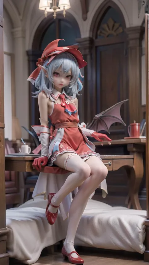 remilia scarlet,mob cap,blue hair,medium hair,fluffy hair,pointy ears,red eyes,collared dress,red ascot,red sash,elbow gloves,black pantyhose,red footwear,bat wings,<lora:çä¸æ_è¥¿æ½å°éé¾V1:0.6>,