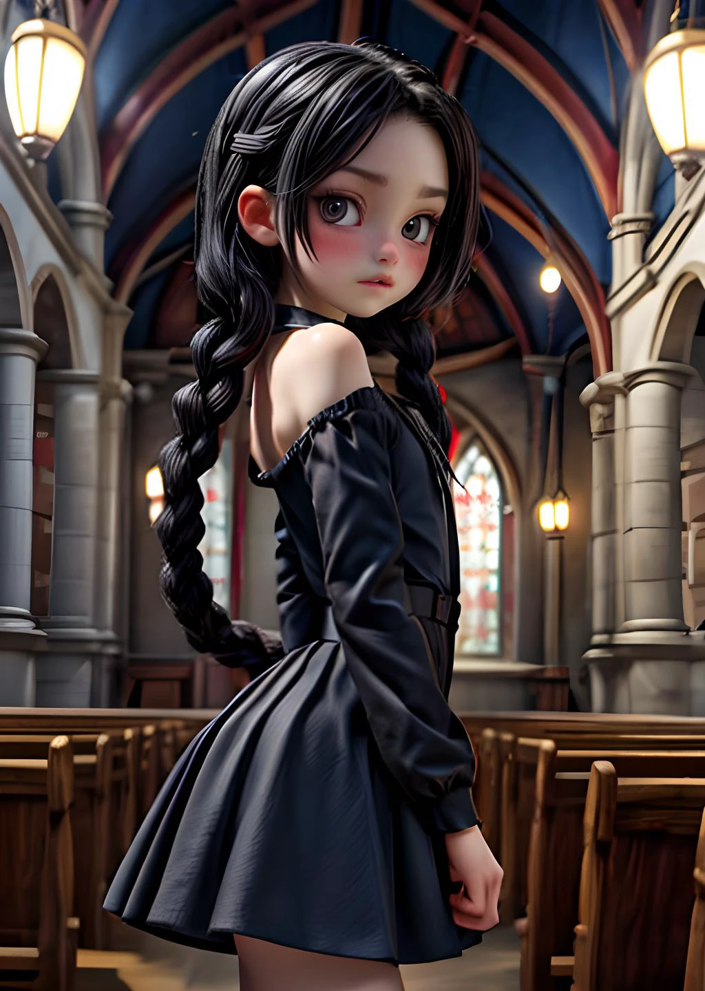 w3day_15, 1girl, facing camera, front looking at viewer, pale skin, mini skirt , long sleeves, off shoulder, solders long braids hair, black hair, blushing, embarrassed, wednesday_addams, dress, black dress, church background, v_arms, arched back, AS-YoungV2 <lora:epi_noiseoffset2:1> nighttime, <lora:more_details:1>