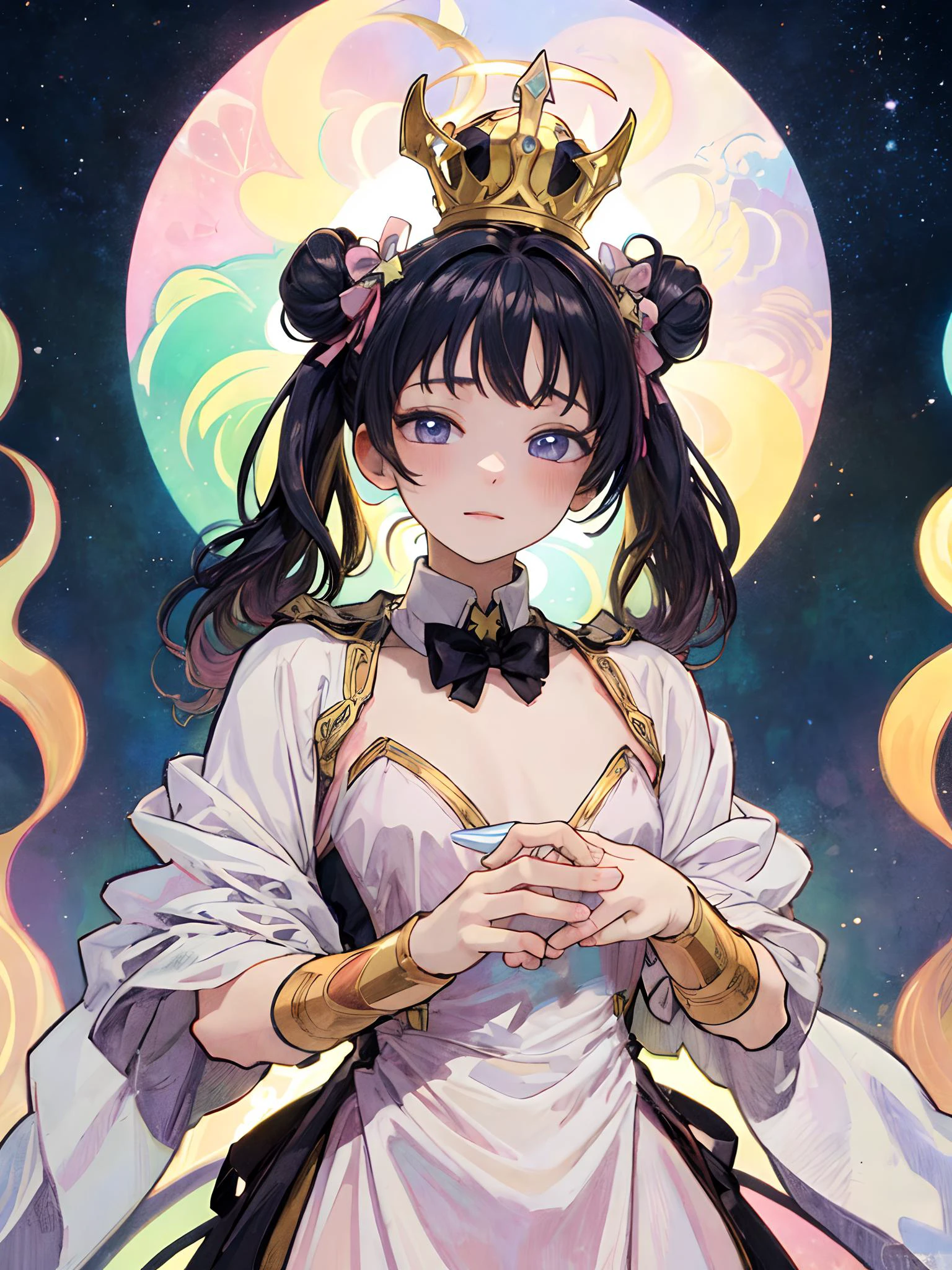 masterpiece, best quality, high resolution, distinct image, natural volumetric lighting,
<lora:add_detail:0.5>,
(1 girl), solo, small breasts, 18 yo,
<lora:tareme_eyes:-1.2>, ennui,
long twintail, (two small buns hair:1.2), black hair,
happy,
princess of bunny, lopped bunny ears, gorgeous dress, princess crown, halo, (pastel color:1.3),
wide hip,
crescent moon, starry sky, star ornaments, lamps,
<lora:m99_bellybuttonremover_1:1.2>,
(Alphonse Mucha style:1.2),