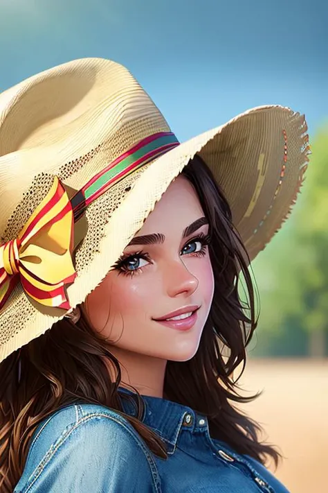 masterpiece Photo of AnnaDeo1SD smiling ranch stetson hat (denim:1.1) depth of field bokeh bright morning light (masterpiece) (best quality) (detailed) (8k) (HDR) (wallpaper) (cinematic lighting) (sharp focus) (intricate)