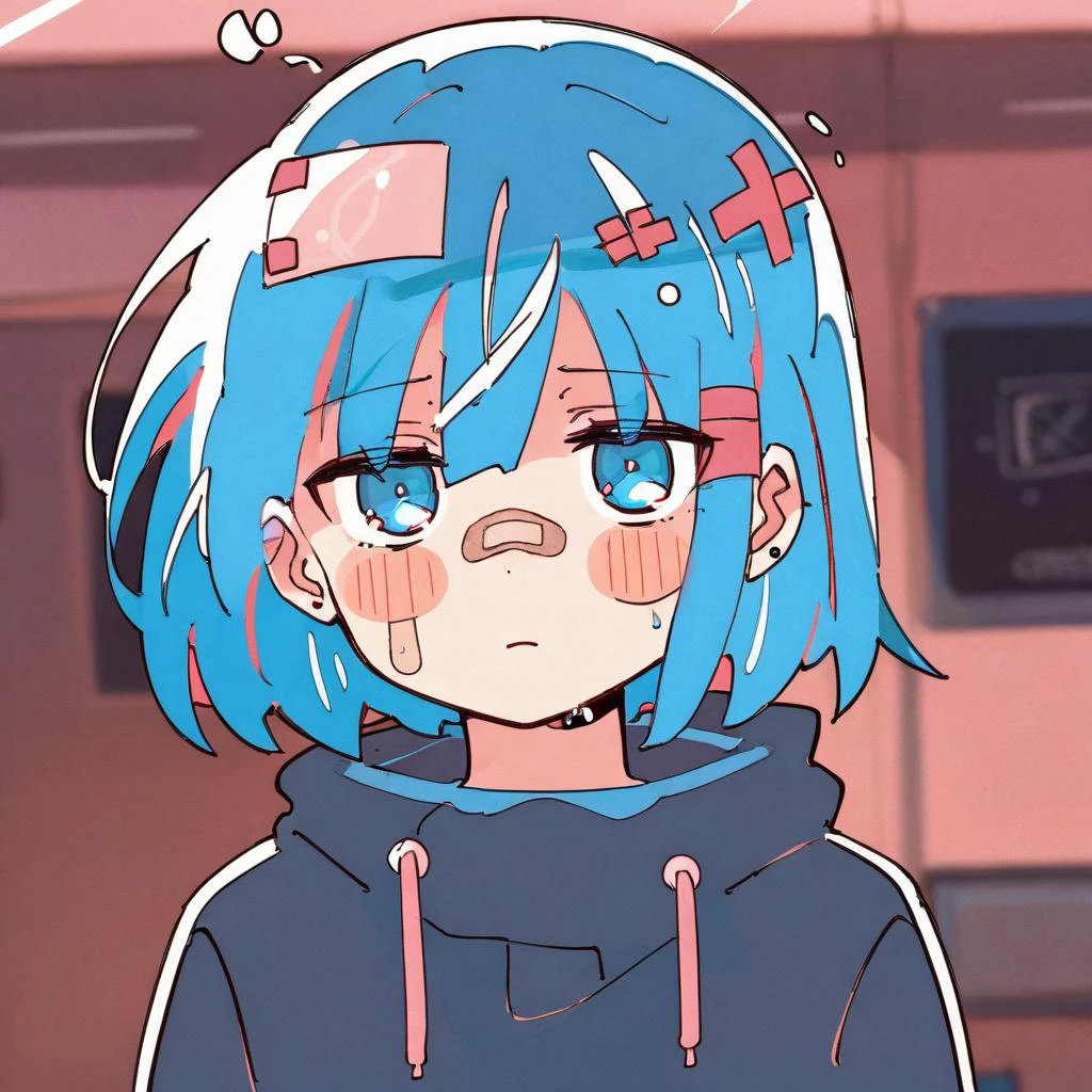 best quality, aesthetic, detailed, by haru, young girl, 1girl, bandaid on face