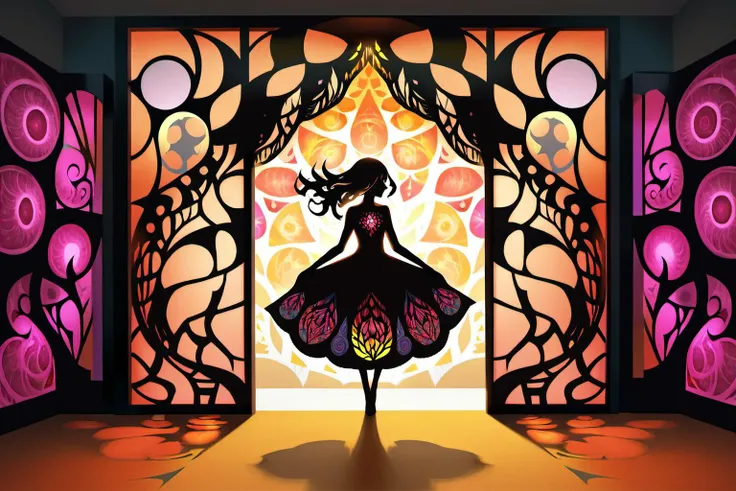 (masterpiece), ultra detailed, (1girl:1.3), solo, full body
(fractal art:1.5), vivid,paper cut art, silhouettes, shadow play, depth and dimension, zentangle,