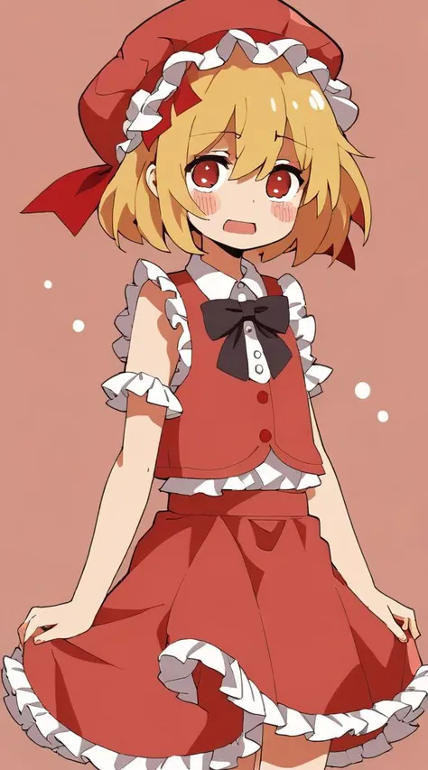 best quality, aesthetic, detailed, by haru, young girl, flat chest, solo, 1girl, flat color, 2d, flat shading, flandre scarlet, mob cap, amazed, exaggerated expression, red eyes, skirt set, frills, center frills, simple background