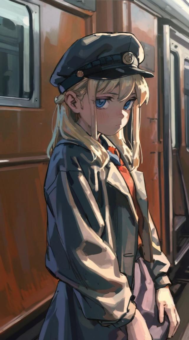 Anime girl in uniform standing next to a train with a hat on - SeaArt AI