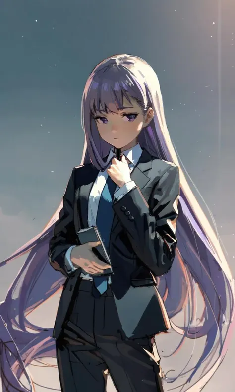 best quality, aesthetic, detailed, by rella, by solipsist, solo, 1girl, young girl, meltryllis, flat chest, very long hair, bangs, sidelocks, business suit, adjusting necktie