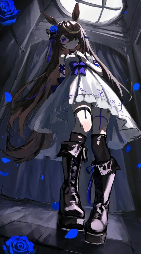 best quality, aesthetic, detailed, by ziyun, by solipsist, 1girl, young girl, rice shower, brown hair, hair over one eye, long hair, horse ears, horse tail, purple eyes, squiggle, black rose, blue bow, blue ribbon, blue rose, purple rose, rose petals
BREAK
bed sheet, pure white wedding dress, (dark room with dim lighting), dramatic lighting, knees up, (goth platform boots), straps, from below, perspective <lyco:UmaDiffusionXL-768x1024:0.8>