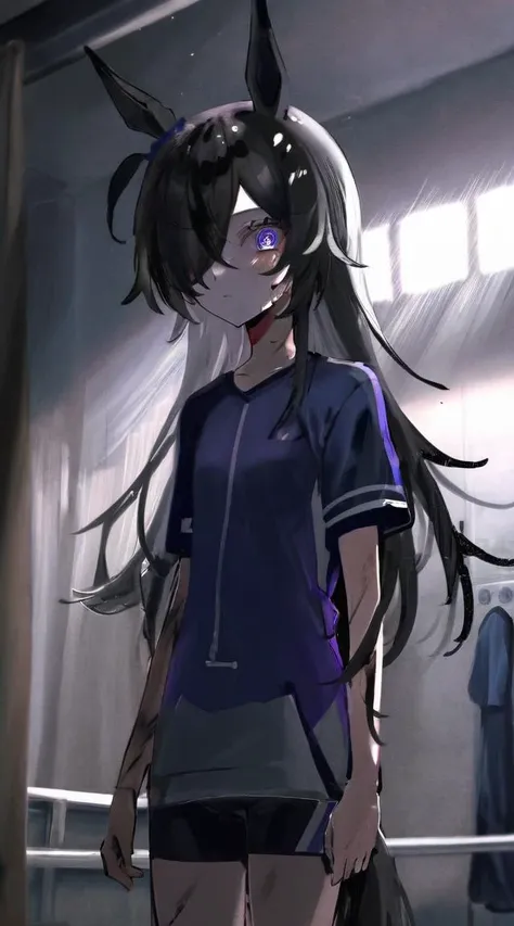 best quality, aesthetic, detailed, by ziyun, 1girl, rice shower, hair over one eye, long hair, horse ears, purple eyes, sportswear, detailed face, dark room messy room, shadow dim light, rim lighting <lyco:UmaDiffusionXL-768x1024:0.8>