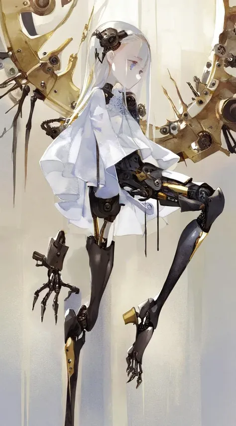 best quality, aesthetic, detailed, by niwa uxx, 1girl, mechanical legs, blame!, standing on one leg, <lora:fix-step00001000:0.4>