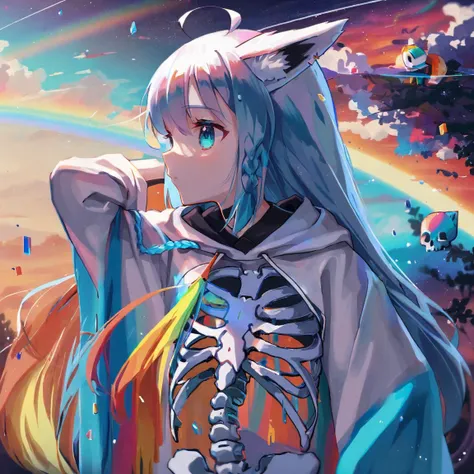 best quality, aesthetic, detailed, by qysthree, solo, 1girl, young girl, shirakami fubuki, fox ear, fox tail, (side braid:0.9), (long hair:1.2)
BREAK
a girl with a rainbow colored skeleton costume and a hoodie on, with a skull ornament in her hair, artist, galaxy, a detailed painting, synchromism, pixel art <lora:fubuki-000011:1>