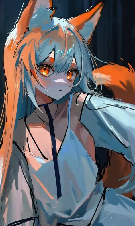 best quality, aesthetic, detailed, by ziyun, solo, 1girl, young girl, flat chest, long hair, bangs, sidelocks, fox ears, dramatic pose, casual outfit