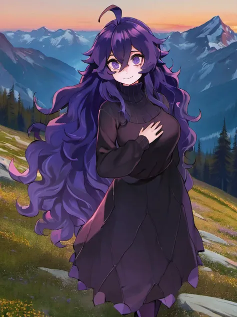 masterpiece, aesthetic, ,, 1girl, <lora:hex_maniac:1>, HEX_MANIAC, HEX_MANIAC_COSTUME, purple hair, long hair, ahoge, purple eyes, breast, black dress, sweater, Mountainous sunrise,Alpine dawn