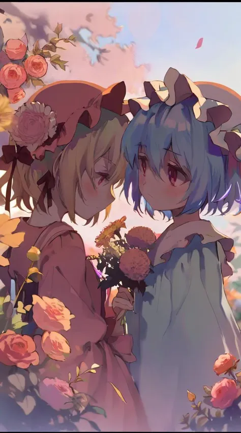 best quality, aesthetic, detailed, solo, 2girls, young girl, anime screencap, 1980s \(style\), flandre and remilia from touhou looking at some pretty flowers