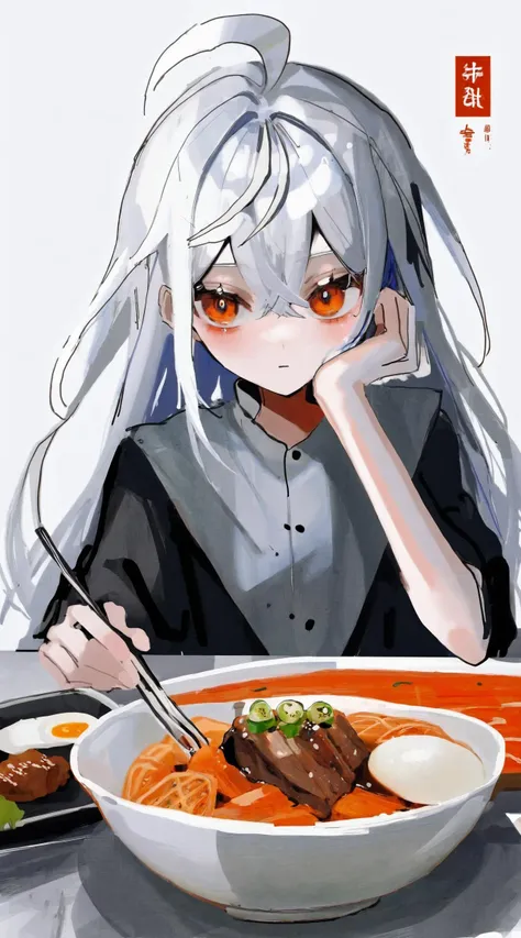 best quality, aesthetic, detailed, by ziyun, 1girl, ahoge, food, long hair, one side up, simple background, solo, table, white background, white hair <lora:fix-step00001000:0.4>