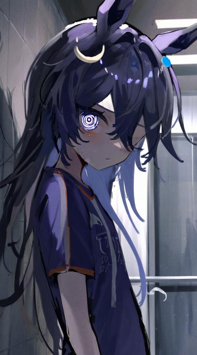 Anime girl with long hair and blue eyes standing in a bathroom - SeaArt AI