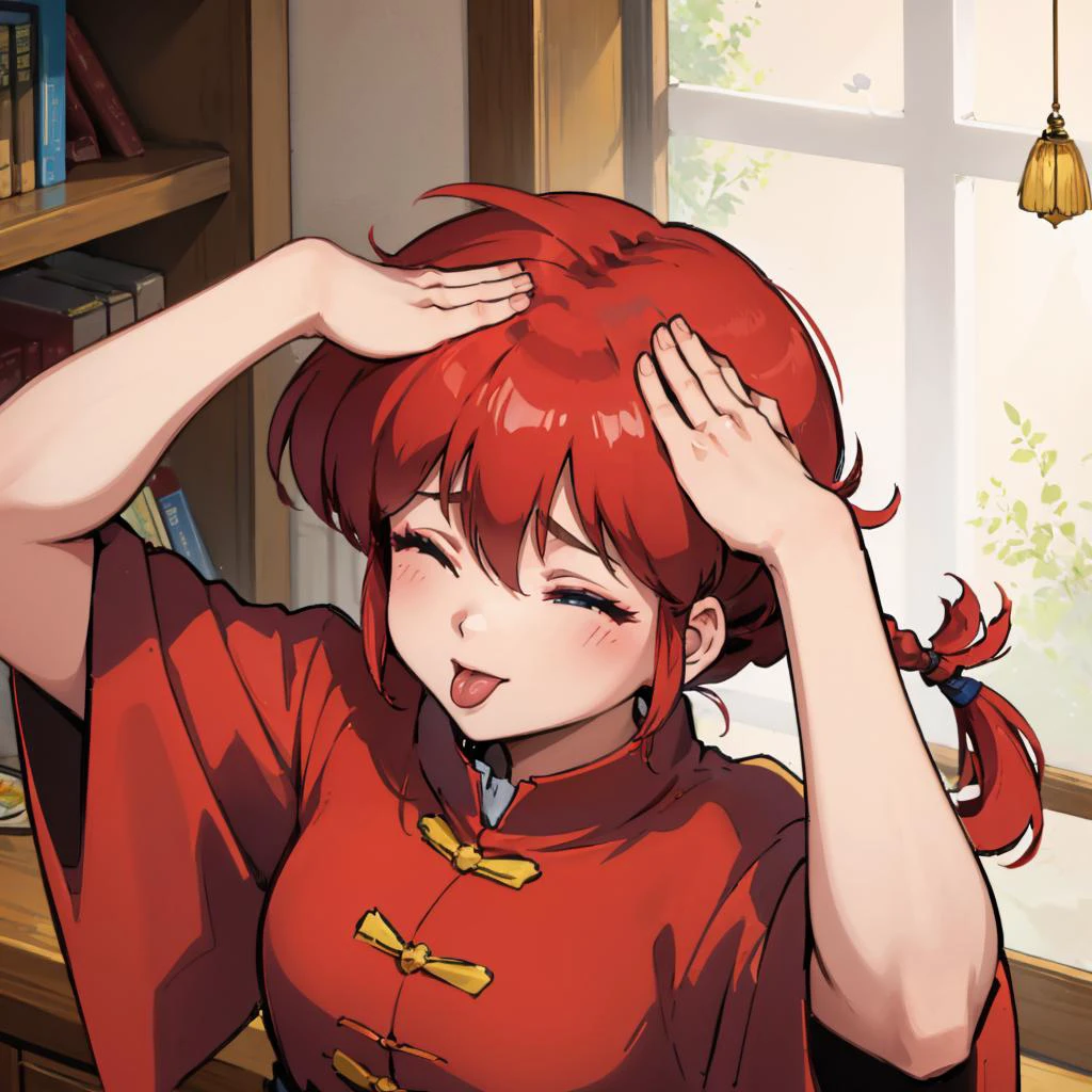 masterpiece, best quality, <lora:ranmahalf_femaleranma-10:0.9> femaleranma, braided ponytail, chinese clothes, tangzhuang <lora:ahetobleh-nvwls-v1-final:0.8> ahetobleh, from above, hands on own head, closed eyes, tongue