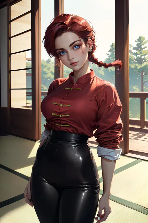 (masterpiece, best quality, ultra detailed, absurdres:1.5), 1girl, (sexy, beautiful woman, perfect face, perfect eyes, perfect female body:1.5), (femaleranma, braided ponytail, red hair, chinese clothes, tangzhuang, black pants, <lora:ranmahalf_femaleranma:1>), (standing, outdoors, Japanese dojo in background), perfect lighting, smooth, hdr
