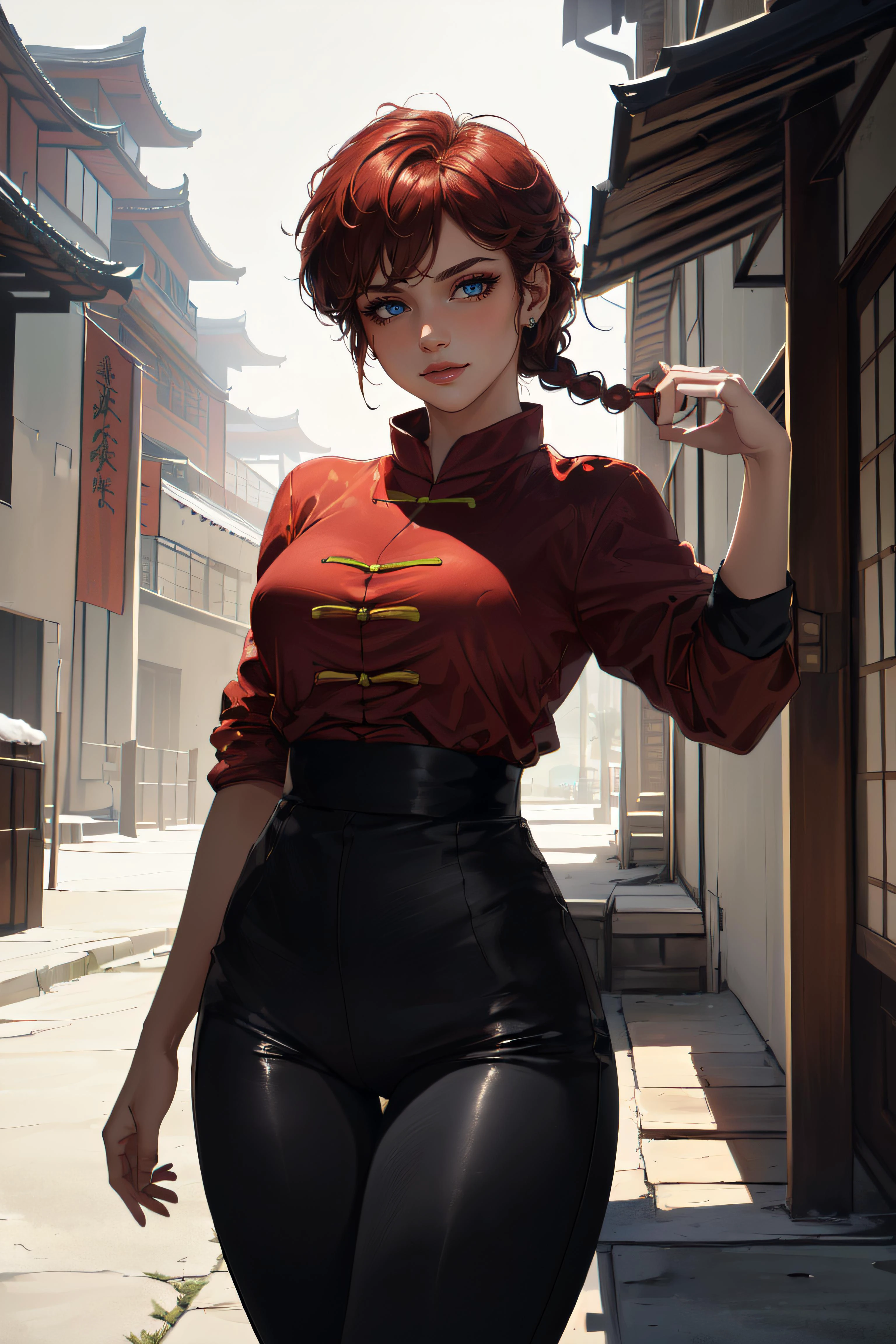 (masterpiece, best quality, ultra detailed, absurdres:1.5), 1girl, (sexy, beautiful woman, perfect face, perfect eyes, perfect female body:1.5), (femaleranma, braided ponytail, red hair, chinese clothes, tangzhuang, black pants, <lora:ranmahalf_femaleranma:1>), (standing, outdoors, Japanese dojo in background), perfect lighting, smooth, hdr