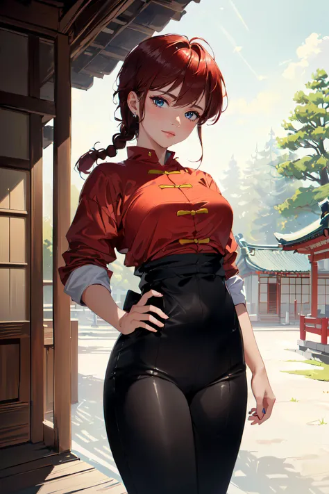 (masterpiece, best quality, ultra detailed, absurdres:1.5), 1girl, (sexy, beautiful woman, perfect face, perfect eyes, perfect female body:1.5), (femaleranma, braided ponytail, red hair, chinese clothes, tangzhuang, black pants, <lora:ranmahalf_femaleranma:1>), (standing, outdoors, Japanese dojo in background), perfect lighting, smooth, hdr