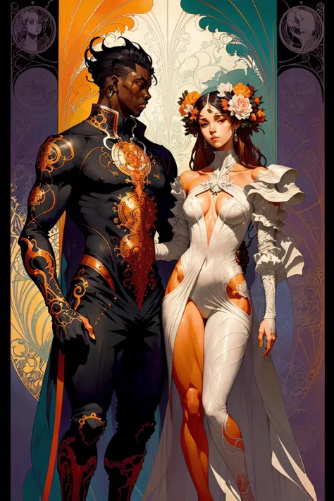 Full body portrait artwork of a beautiful couple with perfect [ anatomy | silhouette ] and perfect [ solid drawing | body shape | physique ], 
concept [ art | character design | costume design | fashion design ] ( in CCDHT artstyle [ ( by Alphonse Mucha  ) | Victo Ngai | James jean ] ) and by [ Daniel Merriam | Aaron Horkey ] ,

( [ clear and readable | perfect | dynamic ] posing ) with [ clear and readable | perfect ]  [ cropping | framing | compositing | focus ]
preserving ( [  clear and readable  | neat and clean ] tangents with loose negative space ),

[ vibrant | colorful ] HDR traditional painting